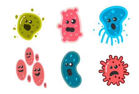 Viruses vector cartoon bacteria. bacterial infection or disease. Microbiology illustration set of emotional microorganisms.の写真素材