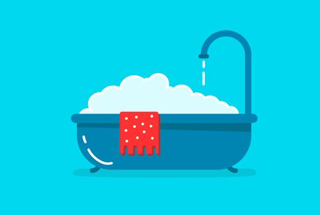 A bathtub with foam inside. Bathing time in flat style vector illustration. Bathroom concept. Cartoon style.のイラスト素材