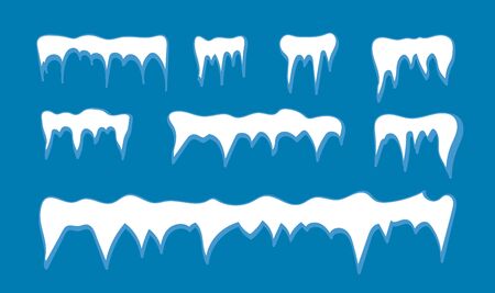 Set of snow icicles, snow cap isolated. Snowy elements on winter background. Vector template in cartoon styleの写真素材