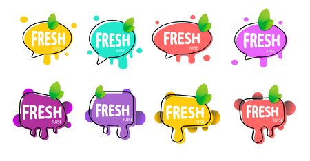 Fresh fruit label icon. Orange, lemon, berry, peach healthy juice sticker design. Vector collection of bright and shining stickers of berry and orange juiceの写真素材