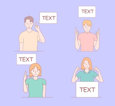 Man holding a message board. Hand drawn style vector design illustration. flat style man pointing to text.のイラスト素材