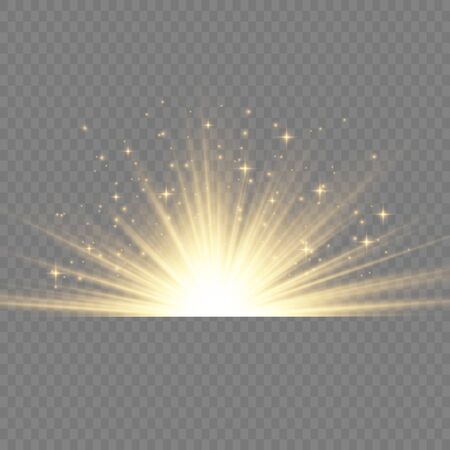Transparent shining sun, bright flash. Yellow glowing light explodes on a transparent background. To center a bright flash. Sparkling magical dust particles. Bright Star. Vector sparkles.のイラスト素材