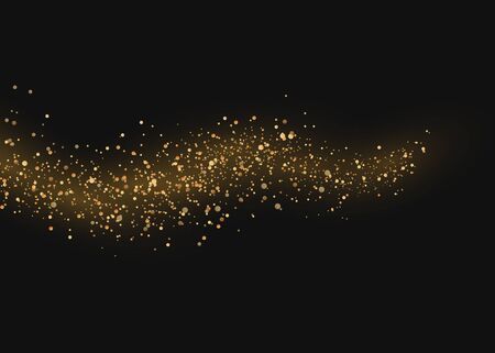 Yellow dust. Beautiful light flashes. Dust particles fly in space. Bokeh effect. Horizontal light rays. Glowing streaks of dust on a dark background.のイラスト素材