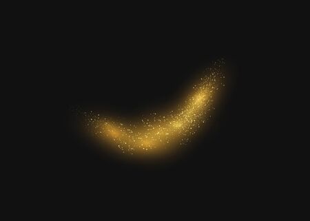 Yellow dust. Beautiful light flashes. Dust particles fly in space. Bokeh effect. Horizontal light rays. Glowing streaks of dust on a dark background.のイラスト素材