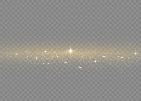 Yellow dust. Beautiful light flashes. Dust particles fly in space. Bokeh effect. Horizontal light rays. Glowing streaks of dust on a dark background.のイラスト素材