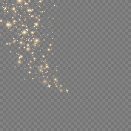 Yellow dust. Beautiful light flashes. Dust particles fly in space. Bokeh effect. Horizontal light rays. Glowing streaks of dust on a dark background.のイラスト素材