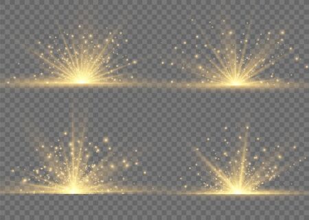 Transparent shining sun, bright flash. Yellow glowing light explodes on a transparent background. To center a bright flash. Sparkling magical dust particles. Bright Star. Vector sparkles.のイラスト素材