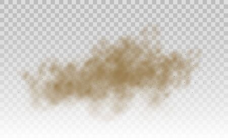 Flying sand. Dust cloud. Brown dusty cloud or dry sand flying with a gust of wind, sandstorm. Brown smoke realistic texture. vector illustration.のイラスト素材