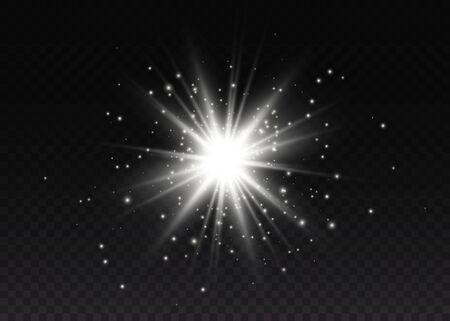 Bright Star. Transparent shining sun, bright flash. White glowing light explodes on a transparent background. Sparkling magical dust particles. Vector illustration.のイラスト素材