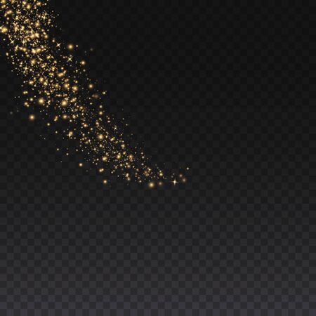 Yellow dust. Beautiful light flashes. Dust particles fly in space. Bokeh effect. Horizontal light rays. Glowing streaks of dust on a dark background.のイラスト素材