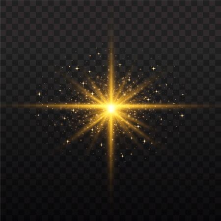 Set of bright Star. Yellow glowing light explodes on a transparent background. Transparent shining sun, bright flash. To center a bright flash. Sparkling magical dust particles. Vector sparkles.のイラスト素材