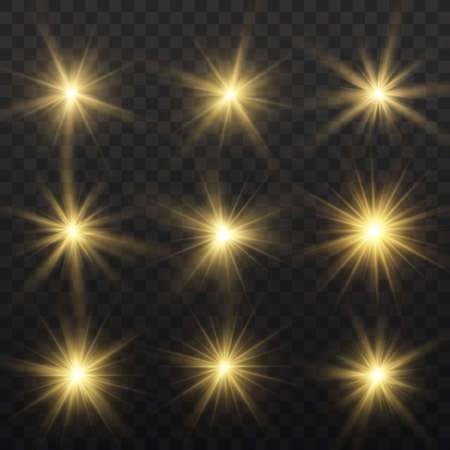 Set of bright Star. Yellow glowing light explodes on a transparent background. Transparent shining sun, bright flash. To center a bright flash. Sparkling magical dust particles. Vector sparkles.のイラスト素材