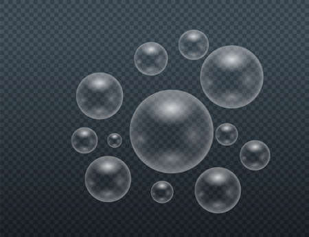 Set of realistic colorful soap bubbles. Transparent realistic soap bubbles isolated on transparent background. Vector texture. Light Gray vector cover with spots.のイラスト素材