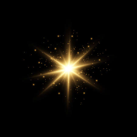 Set of bright Star. Yellow glowing light explodes on a transparent background. Transparent shining sun, bright flash. To center a bright flash. Sparkling magical dust particles. Vector sparkles.のイラスト素材