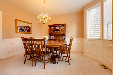 Dining room with classic brown furniture.の写真素材