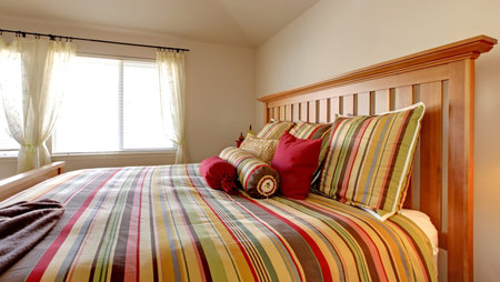 Large bed with beautiful bedding in stripe red, yellow and green.
