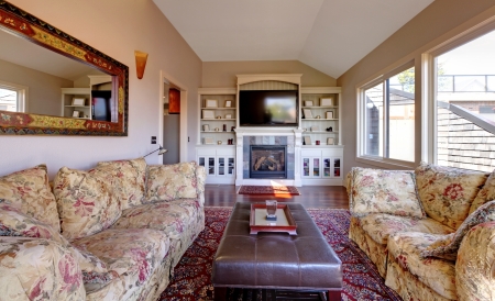 Large living room with sofa, TV and brown walls with beige carpet.の写真素材