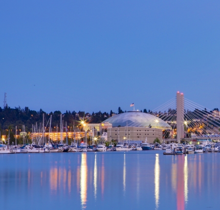 Tacoma dome with boats and Marina. City downtown at night.のeditorial素材