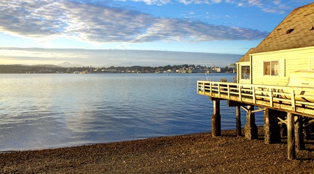 Port Orchard, WA Bay Street waterfront view of Puget Sound の写真素材