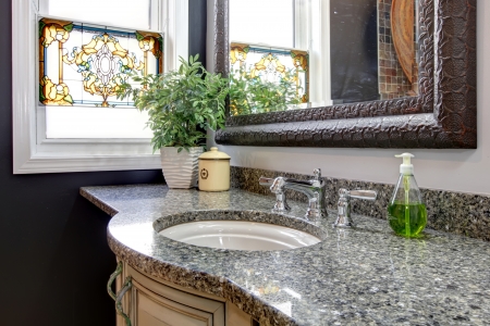 Modern designed bathroom with rustic elements and naturally matched flower potの写真素材