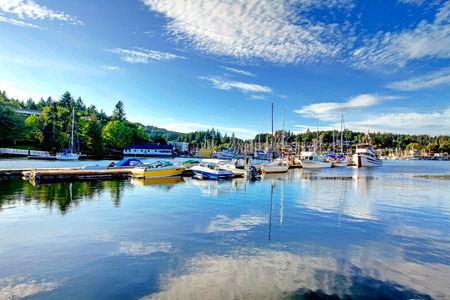 View of the bay with boats in Tacoma, Washington stateの写真素材