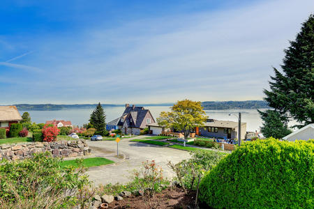 Lake and driveway view from backyard deckの写真素材