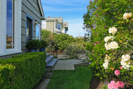 Entrance porch with blooming Azalea bush