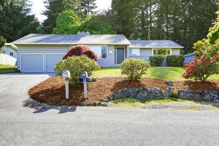House exterior with landscape on front yard. View of garage and driveway