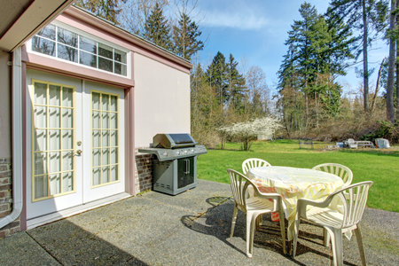 Backyard walkout deck with small patio area and landscape