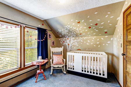 Cozy nursery room with murals, white crib and rocking chairの写真素材