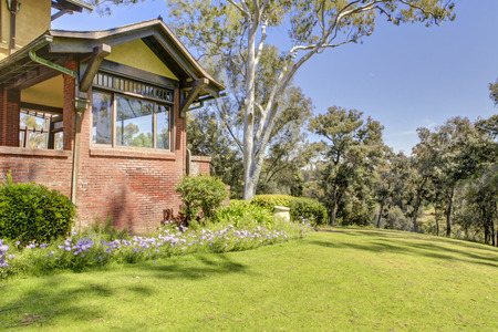 Picturesque garden with pine trees. Marston House Museum & Gardens. San Diego, CAのeditorial素材
