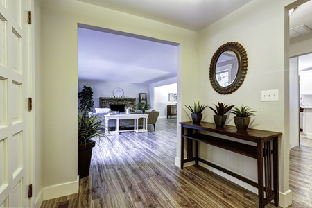 Entrance hallway with table and flower pots. View of spacious living roomの写真素材
