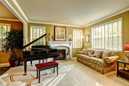 Cozy family room interior in luxury house. Room with grand piano, fireplace and brown sofaの写真素材