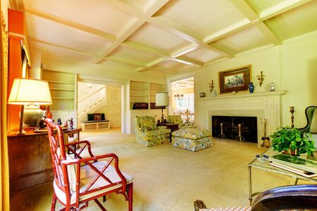 Large historical living room interior of luxury estate near seattleの写真素材