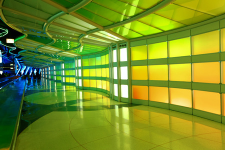 Chicago, USA, October 16, 2011. Colorful terminal and escalator in Chicago Airport. Colorful moving walkwayのeditorial素材