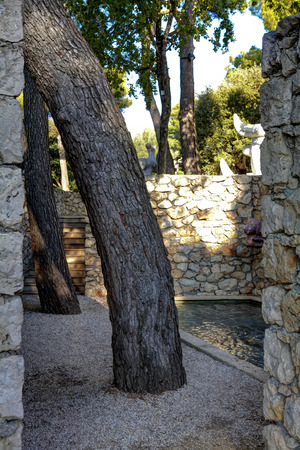 Nice, France - October 22, 2011. Foundation Maeght. Sculpturs in outdoor garden. Modern European art. Small private museum.のeditorial素材