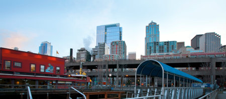 Seattle, WA - March 23, 2011: Seattle waterfront near aquarium with marina and boats in early...