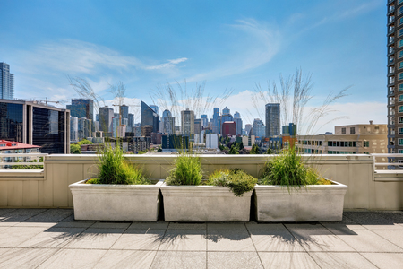 Terrace of city apartment on sunny summer day in Seattle, Northwest, USAの写真素材