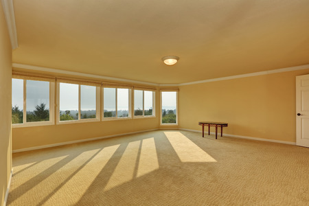 Empty room in beige and yellow colors with Carpet floor and lots of windows. Northwest, USAの写真素材