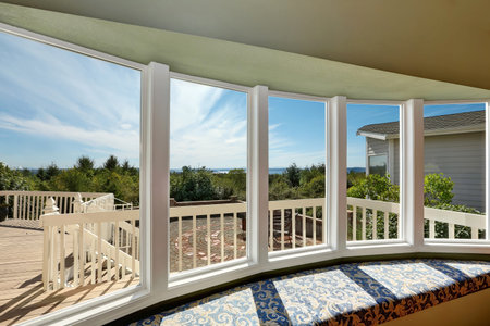 Sunny window seat with perfect view of back deck, large patio and blue sky. Northwest, USA