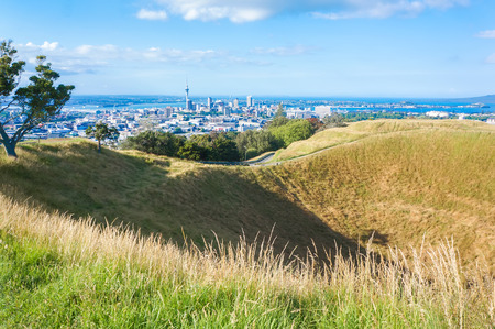 Top of the Mount Eden volcano with amazing view of Auckland. High peak of the tourist season. New Zealandの写真素材