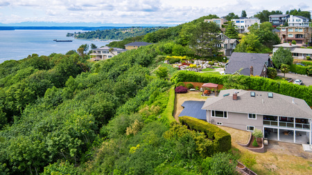 Panoramic view of luxury house in residential area overlooking Tacoma port. Northwest, USAの写真素材