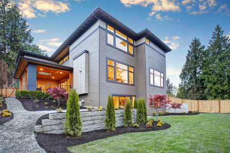 Luxurious contemporary three-story wood siding home exterior in Bellevue. Northwest, USA