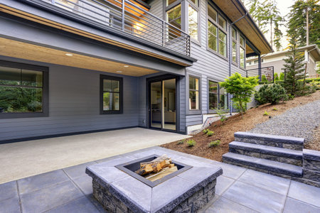 New modern home features a backyard with covered patio accented with a wood plank ceiling and a...