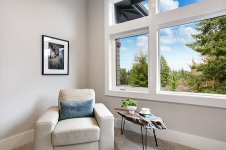 Bedroom corner with arm chair and large window.の写真素材