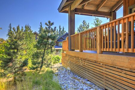 Pine trees, nature and house with large wovered wooden porchの写真素材
