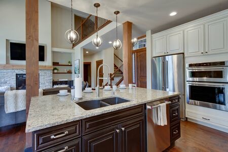 White and brown cabinets luxury huge kitchen interior with amazing details and top noch appliances. New American luxury real estate with expensive furniture and good design.の写真素材