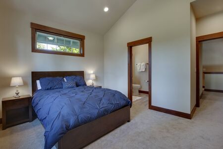 Beautiful large new bedroom with queen size bed with blue blanket and bege walls. Natural setting, vaulted ceiling, long window above the bed.の写真素材