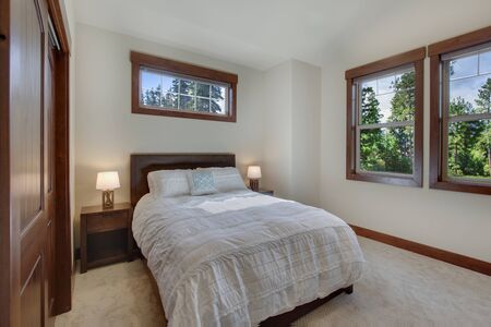 Bright new natural tones bedroom with queen size bed with grey carpet and three windows, one long above the bed. Tv on the wall. and rich wooden doors.の写真素材