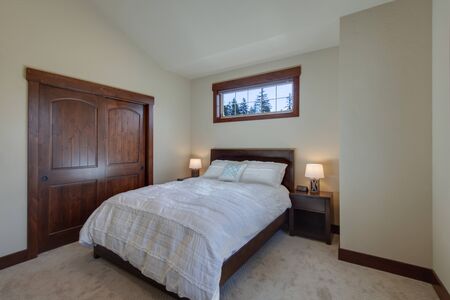Bright new natural tones bedroom with queen size bed with grey carpet and three windows, one long above the bed. Tv on the wall. and rich wooden doors.の写真素材